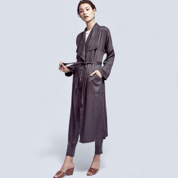 ANTHROPOLOGIE Hei Hei Trapunto Sash Belted Midi Trench Coat Gray - Picture 3 of 11